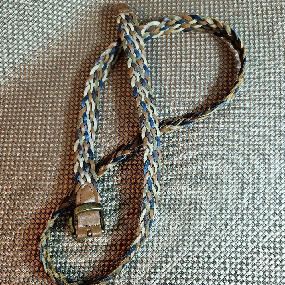 Vintage Braided Leather Belt Brass Buckle Navy Tan Cream Green 51